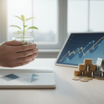 Osoba planująca domowy budżet przy użyciu tabletu i filiżanki kawy w nowoczesnym wnętrzu