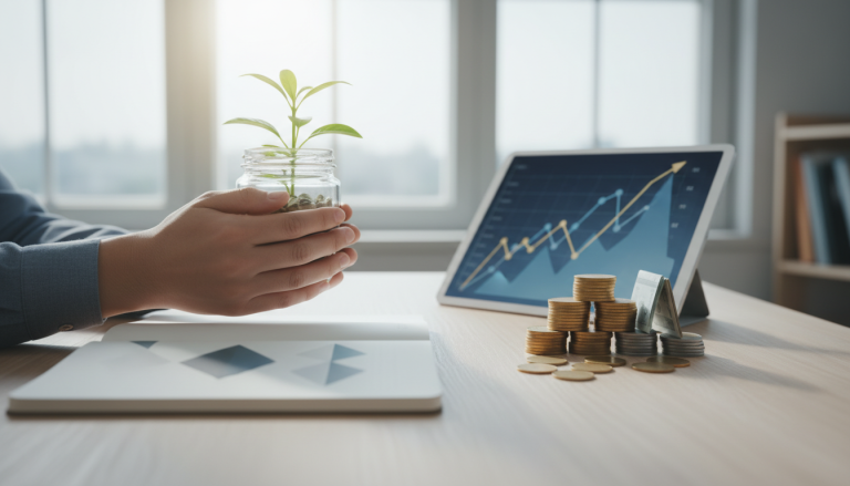 Osoba planująca domowy budżet przy użyciu tabletu i filiżanki kawy w nowoczesnym wnętrzu